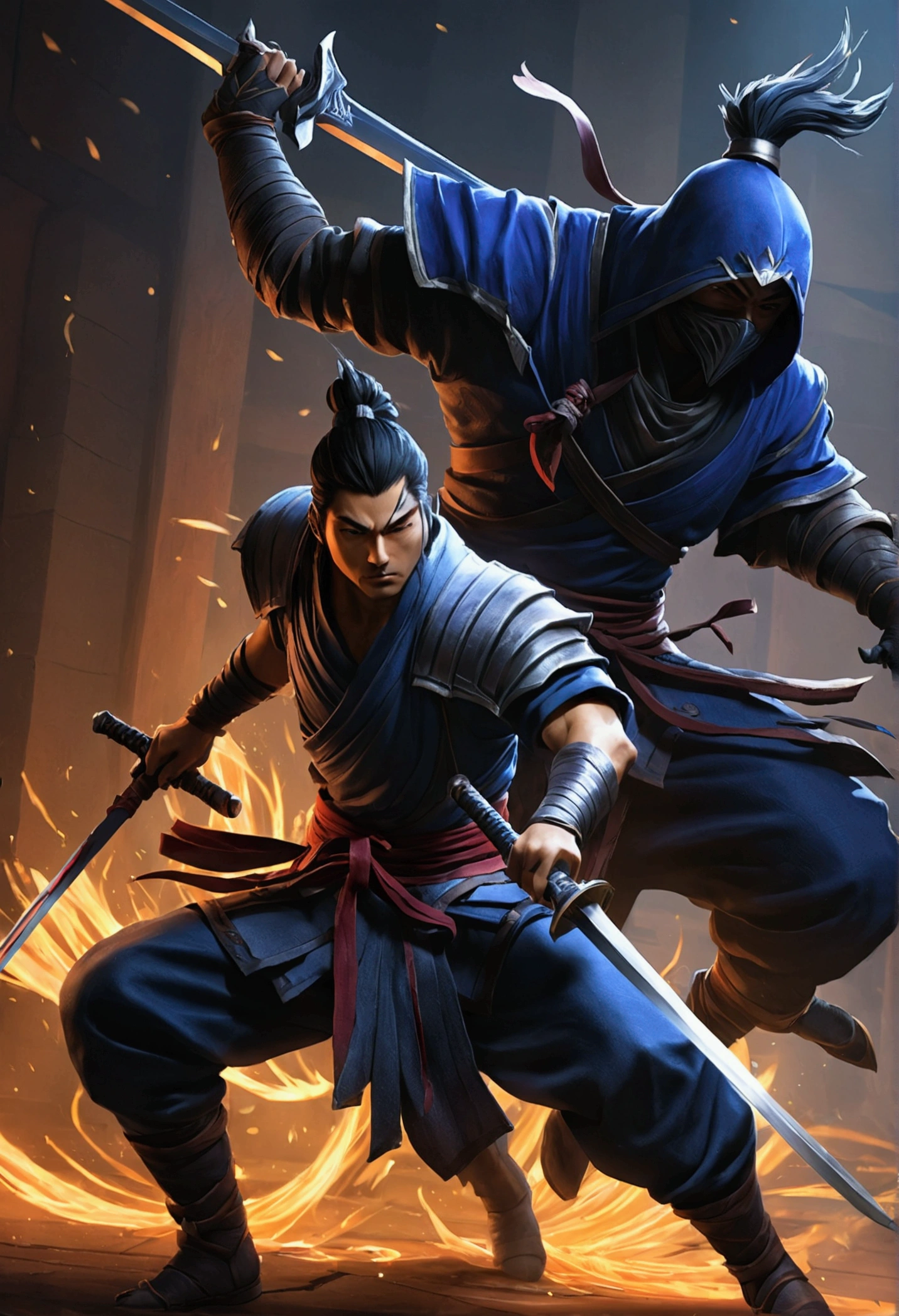 "Yasuo and Zed in an intense battle, showing his mastery of sword and shadow techniques."