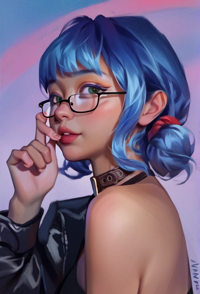 smudgy, traditional art, liu2, brush texture, score_9, score_8_up, score_7_up, score_6_up, score_5_up, score_4_up, BREAK 1girl, Anime girl with blue hair and bangs with glasses with beautiful tanned skin looking at the camera anime girl, black skin, detailed background, detailed face shot (masterpiece, high quality:1),