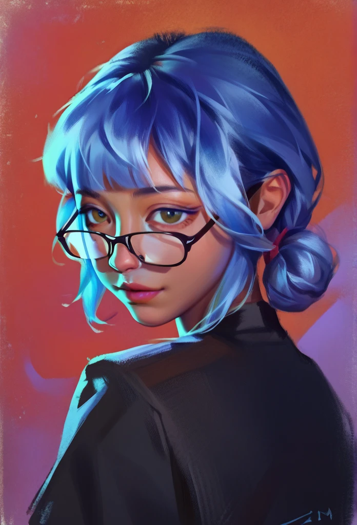 smudgy, traditional art, liu2, brush texture, score_9, score_8_up, score_7_up, score_6_up, score_5_up, score_4_up, BREAK 1girl, Anime girl with blue hair and bangs with glasses with beautiful tanned skin looking at the camera anime girl, black skin, detailed background, detailed face shot (masterpiece, high quality:1),