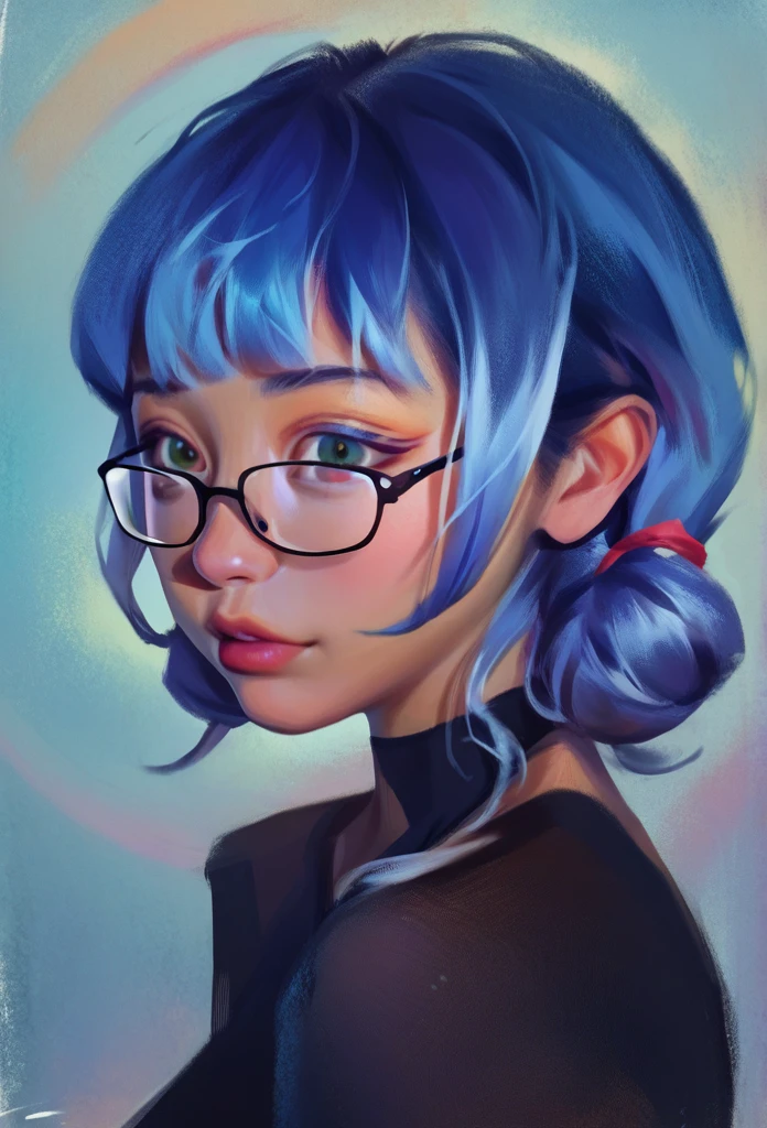 smudgy, traditional art, liu2, brush texture, score_9, score_8_up, score_7_up, score_6_up, score_5_up, score_4_up, BREAK 1girl, Anime girl with blue hair and bangs with glasses with beautiful tanned skin looking at the camera anime girl, black skin, detailed background, detailed face shot (masterpiece, high quality:1),