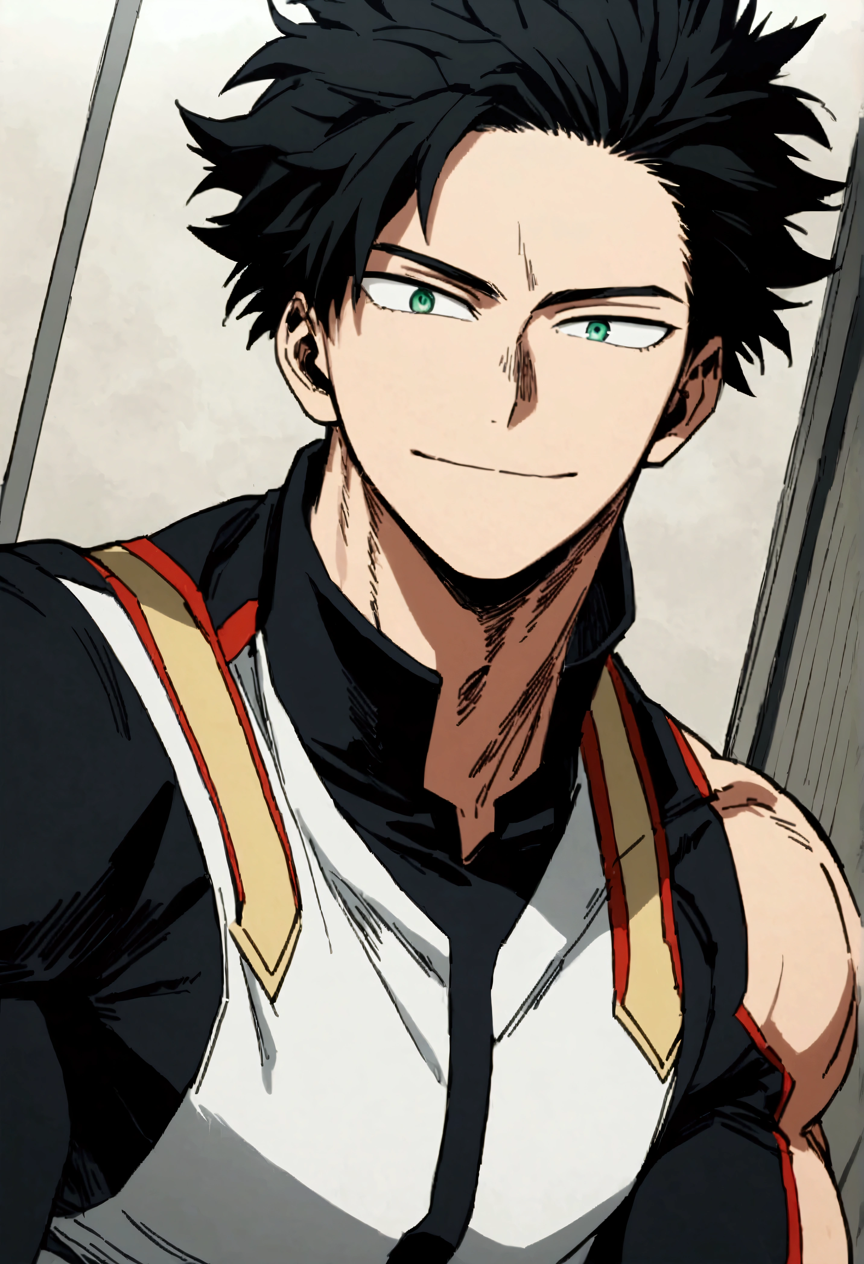  He is a 17 year old teenager, He has slightly disheveled very black hair..., somewhat light green eyes, , muscular body , sexy face, He is dressed in the anime uniform. "my hero academia", happy face 