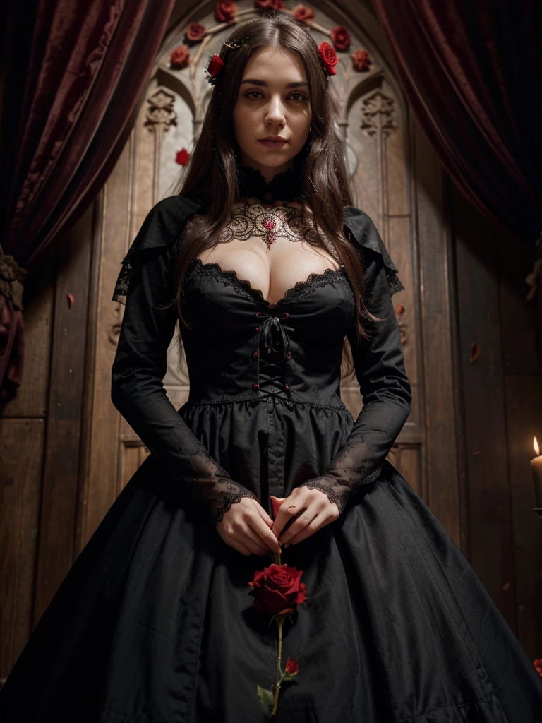 (Best Quality,High resolution:1.2) gothic woman with medieval lace costume, detailed woman hand,centered,holding a red rose,fading petals,Gothic style,dark and vibrant, blood details,small flickering flame