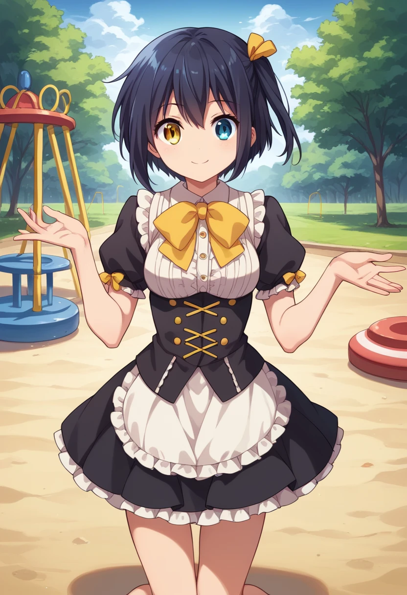 1girl, takanashi rikka, short hair, one side up, black hair, green right eye, heterochromia, yellow left eye,yellow hair ribbon, yellow and black ****ta dress, yellow bowtie, frills, kneeling, (Cowboy Shot:1. 5) , BREAK (masterpiece:1.2), Highest quality, High resolution, unity 8k wallpaper, (shape:0.8), (Beautiful and beautiful eyes:1.6), Highly detailed face, Perfect lighting, Extremely detailed CG, (Perfect hands, Perfect Anatomy),dynamic pose, >_<, smile, playground background, outdoors