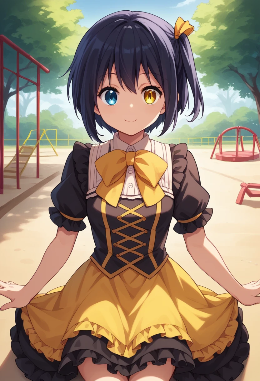 1girl, takanashi rikka, short hair, one side up, black hair, green right eye, heterochromia, yellow left eye,yellow hair ribbon, yellow and black lolita dress, yellow bowtie, frills, kneeling, (Cowboy Shot:1. 5) , BREAK (masterpiece:1.2), Highest quality, High resolution, unity 8k wallpaper, (shape:0.8), (Beautiful and beautiful eyes:1.6), Highly detailed face, Perfect lighting, Extremely detailed CG, (Perfect hands, Perfect Anatomy),dynamic pose, >_<, smile, playground background, outdoors