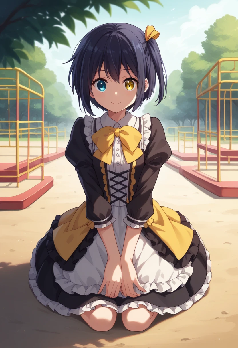 1girl, takanashi rikka, short hair, one side up, black hair, green right eye, heterochromia, yellow left eye,yellow hair ribbon, yellow and black lolita dress, yellow bowtie, frills, kneeling, (Cowboy Shot:1. 5) , BREAK (masterpiece:1.2), Highest quality, High resolution, unity 8k wallpaper, (shape:0.8), (Beautiful and beautiful eyes:1.6), Highly detailed face, Perfect lighting, Extremely detailed CG, (Perfect hands, Perfect Anatomy),dynamic pose, >_<, smile, playground background, outdoors