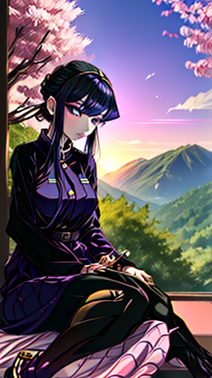 demon slayer anime style,  Kotouji Agamaki, 1 girl 22 years old, serious and calm with gold eyes and pronounced eyebrows, Long straight braided hair surrounding your hair, dark purple hair with the most striking violet tips and two side sideburns of hair and long bangs, She wears a long-sleeved hunter uniform with a dark magenta skirt and everything., a katana, a black japanese coat with gold floral).   Kimetsu no yaiba anime. Sitting on her legs, in a fic, next to a window from head to toe with landscape background of a cherry tree and a sunset,