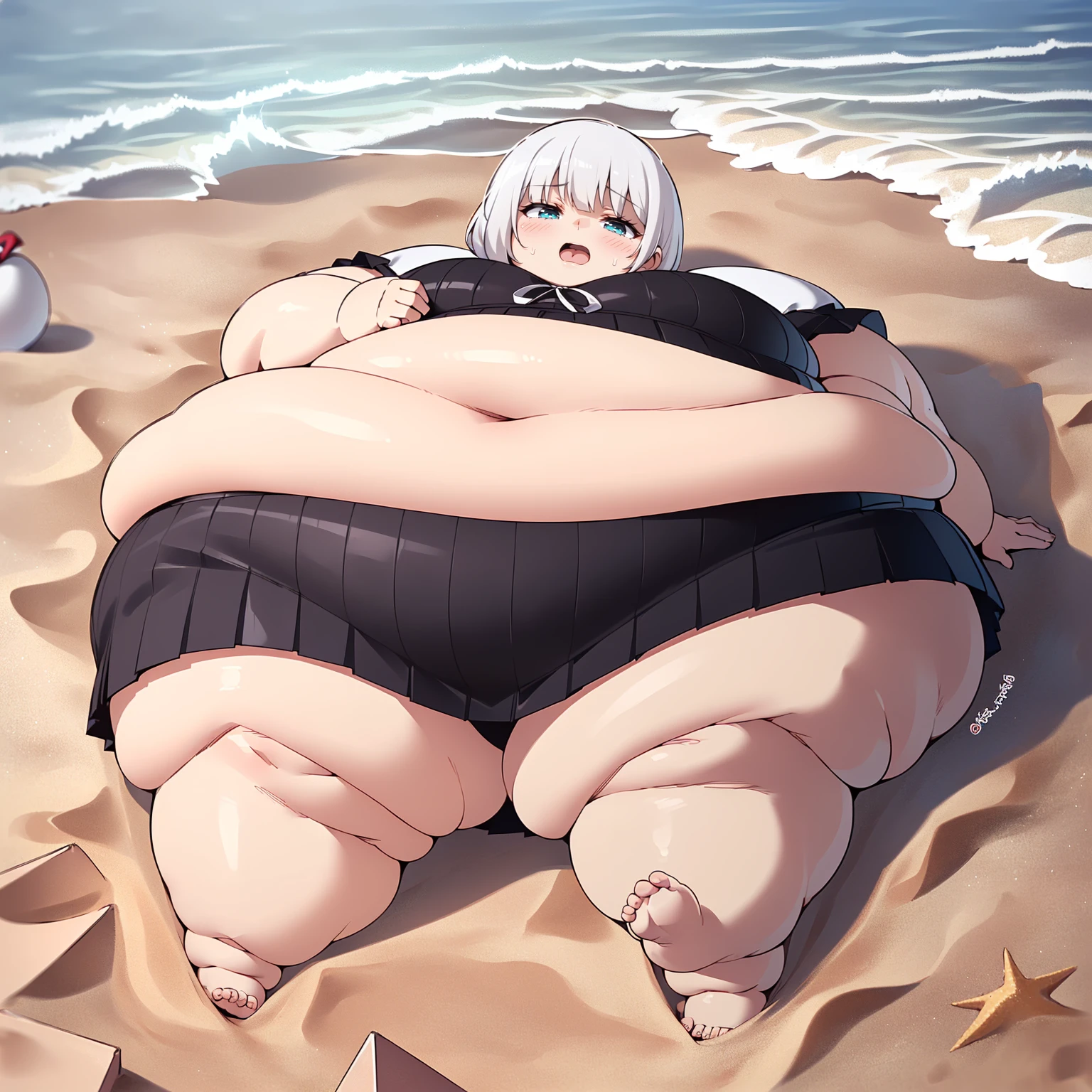 (((baby))), (((little cutie))), (((short stature))), (((support, short skirt))), ((white hair with fringe)), ((obese chubby))), ((fat face)), (((big belly))), (((open mouth))), fat and wide thighs, belly, (((tender))), (((lying in the sand on the beach))), detailed background, ((full body image)),