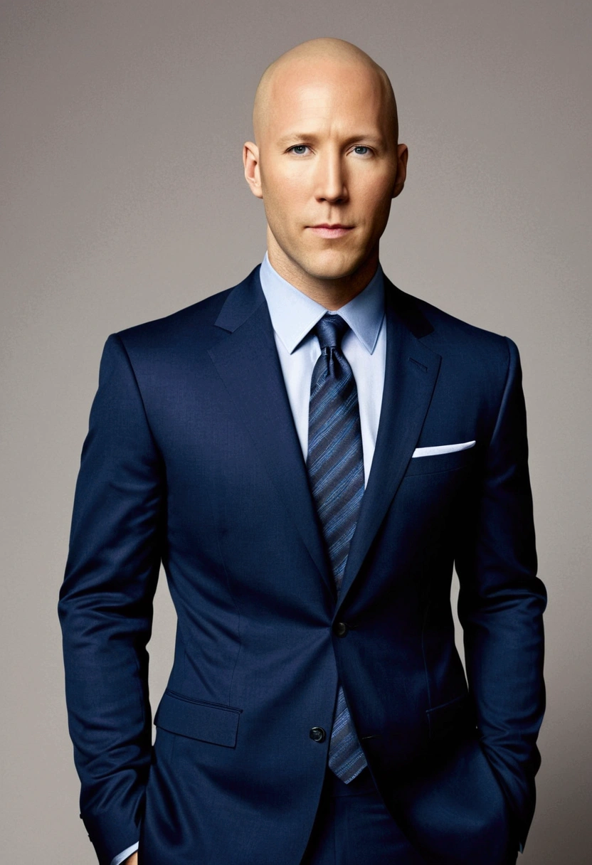 Lex Luthor, played by Michael Rosenbaum, is a man of medium to tall height, with about 1,83 meters (6 feet) Tall. He has a slim and muscular build, reflecting care for your physical appearance. One of his most striking features is his shaved head., which gives you a distinct and intimidating appearance.
His face is angular, with prominent cheekbones and a defined jaw. Your eyes are blue, often described as penetrating and expressive, capable of conveying both charm and menace. Lex has fair skin and is usually seen wearing stylish, expensive clothes., like tailored suits, that accentuate its powerful and authoritarian presence.