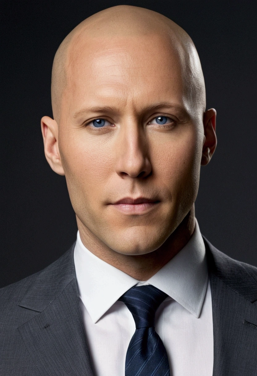 Lex Luthor, played by Michael Rosenbaum, is a man of medium to tall height, with about 1,83 meters (6 feet) Tall. He has a slim and muscular build, reflecting care for your physical appearance. One of his most striking features is his shaved head., which gives you a distinct and intimidating appearance.

His face is angular, with prominent cheekbones and a defined jaw. Your eyes are blue, often described as penetrating and expressive, capable of conveying both charm and menace. Lex has fair skin and is usually seen wearing stylish, expensive clothes., like tailored suits, that accentuate its powerful and authoritarian presence.