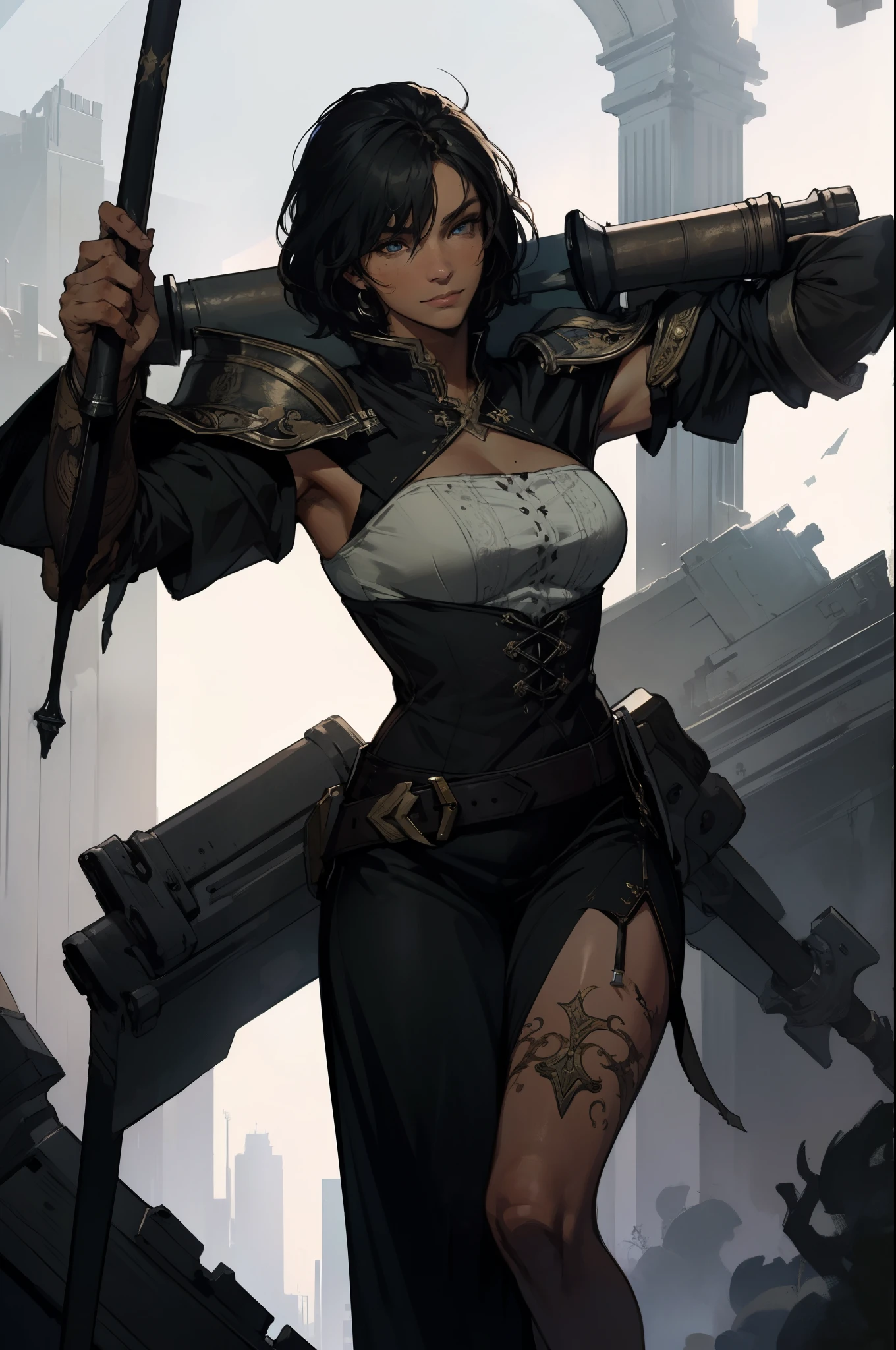 (absurdities, High Resolutions, ultra detailed, HDR), Masterpiece, The best quality, final fantasy xvi, clive rosfield, 1man only, handsome, short hair, black hair, vibrant blue eyes, fine eyes and detailed face, armor, ((Intricate weapon)), Sitting on the throne, legs open, affected smile, annoying.
