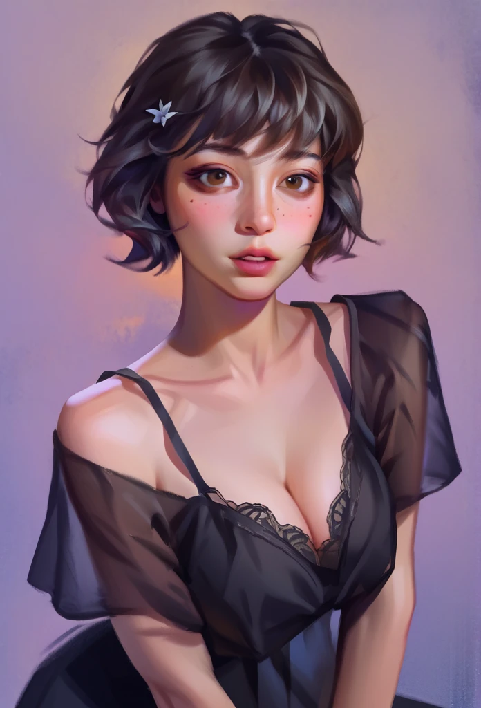 smudgy, traditional art, liu2, brush texture, score_9, score_8_up, score_7_up, score_6_up, score_5_up, score_4_up, BREAK 1girl, extreme short hair, black silk nightgown, dark Brown eyes, detailed face shot (masterpiece, high quality:1),