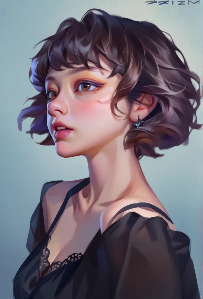 smudgy, traditional art, liu2, brush texture, score_9, score_8_up, score_7_up, score_6_up, score_5_up, score_4_up, BREAK 1girl, extreme short hair, black silk nightgown, dark Brown eyes, detailed face shot (masterpiece, high quality:1),