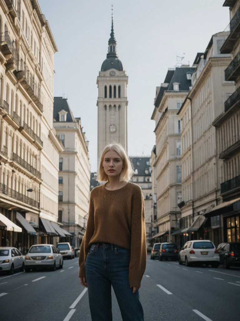 her name is Amelie, high quality, 1girl, ((25-year-old fit Caucasian woman)), ((25 years old)), ((BODY TYPE: HOURGLASS)), ((Grunge Bob blonde hair)), pose: standing, wearing SOPHISTICATED courant Generation-Z modern wear bright colored, BACKGROUND: "Walking through the elegant Andrássy Avenue, with its grand buildings, luxury shops, and cultural landmarks."