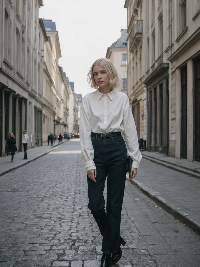 her name is Amelie, high quality, 1girl, ((25-year-old fit Caucasian woman)), ((25 years old)), ((BODY TYPE: HOURGLASS)), ((Grunge Bob blonde hair)), pose: standing, wearing SOPHISTICATED courant Generation-Z modern wear bright colored, BACKGROUND: "Walking through the elegant Andrássy Avenue, with its grand buildings, luxury shops, and cultural landmarks."