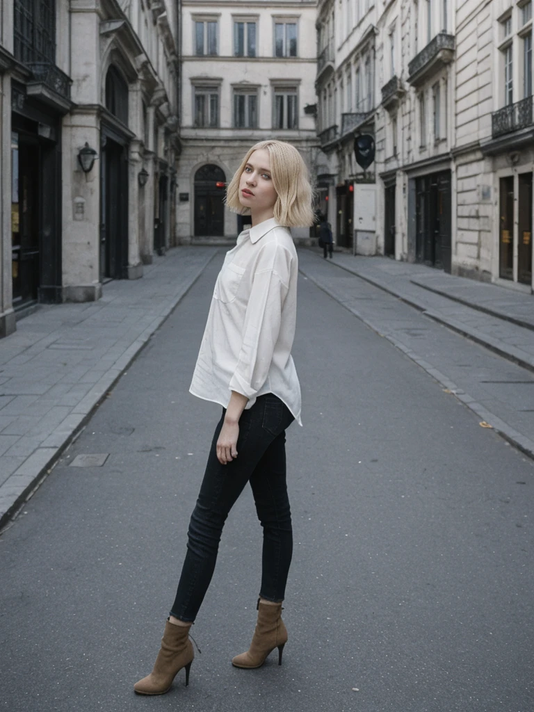 her name is Amelie, high quality, 1girl, ((25-year-old fit Caucasian woman)), ((25 years old)), ((BODY TYPE: HOURGLASS)), ((Grunge Bob blonde hair)), pose: standing, wearing SOPHISTICATED courant Generation-Z modern wear bright colored, BACKGROUND: "Walking through the elegant Andrássy Avenue, with its grand buildings, luxury shops, and cultural landmarks."