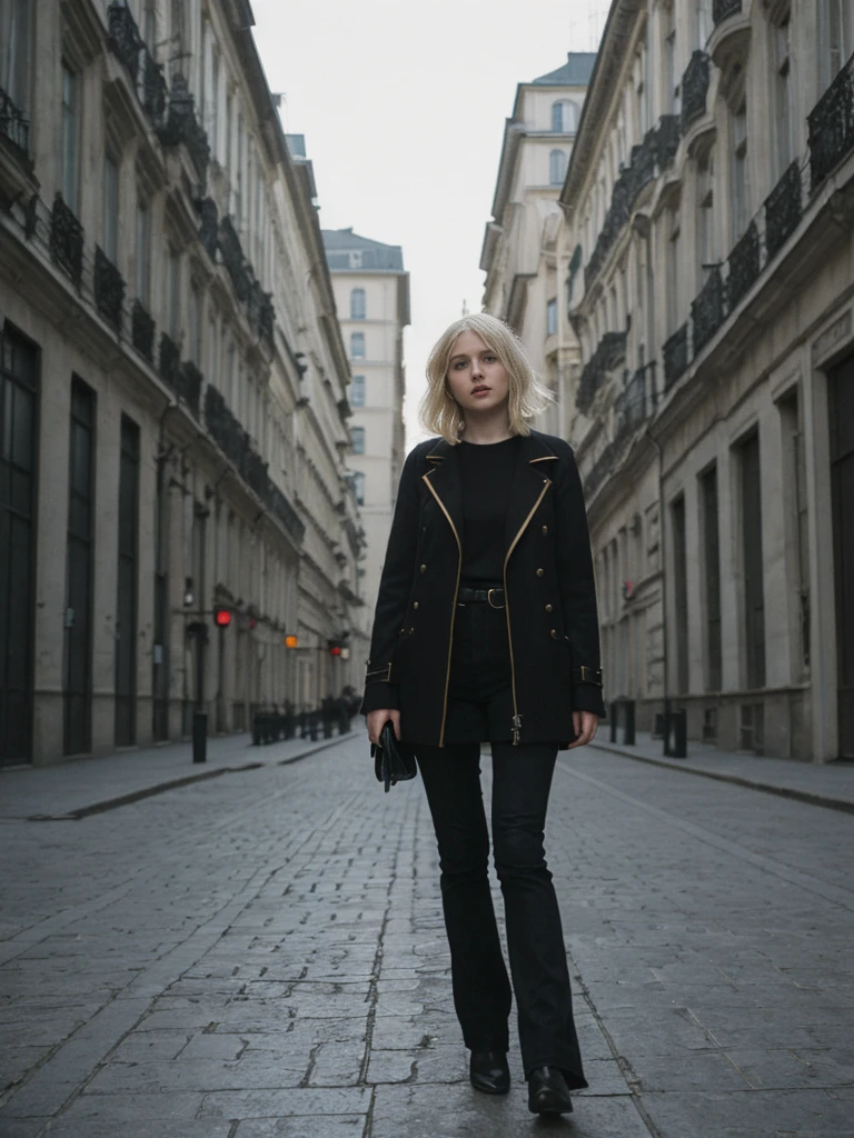 her name is Amelie, high quality, 1girl, ((25-year-old fit Caucasian woman)), ((25 years old)), ((BODY TYPE: HOURGLASS)), ((Grunge Bob blonde hair)), pose: standing, wearing SOPHISTICATED courant Generation-Z modern wear bright colored, BACKGROUND: "Walking through the elegant Andrássy Avenue, with its grand buildings, luxury shops, and cultural landmarks."