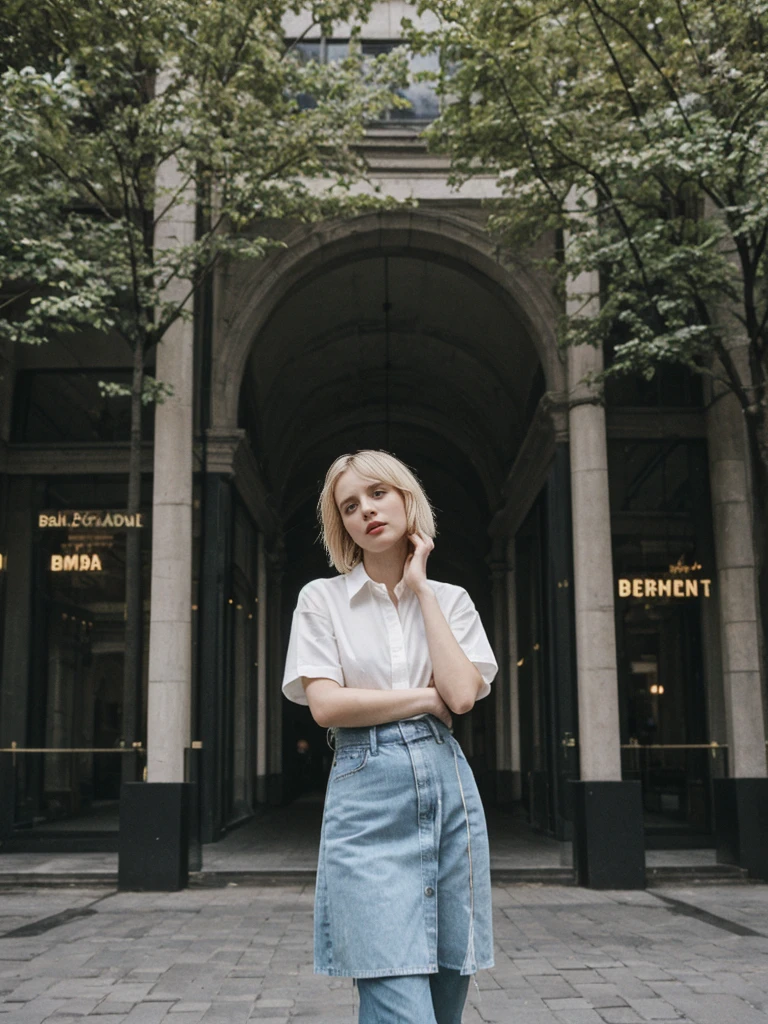 her name is Amelie, high quality, 1girl, ((25-year-old fit Caucasian woman)), ((25 years old)), ((BODY TYPE: HOURGLASS)), ((Grunge Bob blonde hair)), pose: standing, wearing SOPHISTICATED courant Generation-Z modern wear bright colored, BACKGROUND: "Walking through the elegant Andrássy Avenue, with its grand buildings, luxury shops, and cultural landmarks."