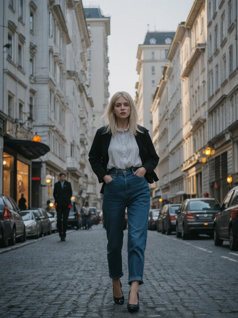 her name is Amelie, high quality, 1girl, ((25-year-old fit Caucasian woman)), ((25 years old)), ((BODY TYPE: HOURGLASS)), ((Grunge Bob blonde hair)), pose: standing, wearing SOPHISTICATED courant Generation-Z modern wear bright colored, BACKGROUND: "Walking through the elegant Andrássy Avenue, with its grand buildings, luxury shops, and cultural landmarks."