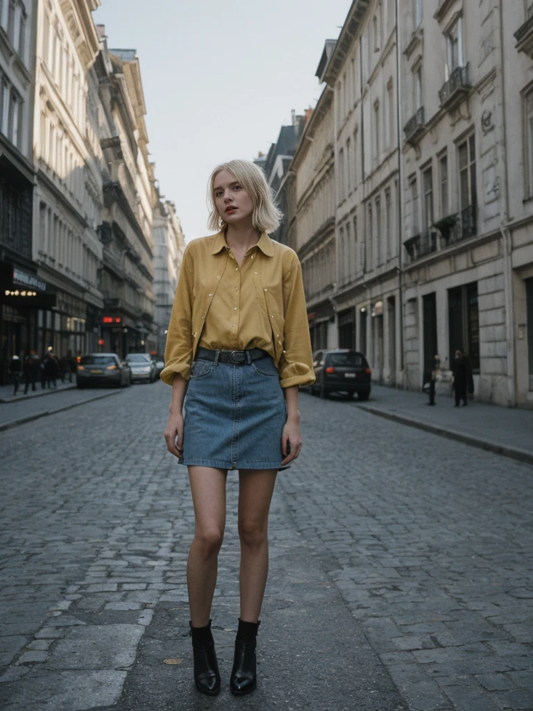 her name is Amelie, high quality, 1girl, ((25-year-old fit Caucasian woman)), ((25 years old)), ((BODY TYPE: HOURGLASS)), ((Grunge Bob blonde hair)), pose: standing, wearing SOPHISTICATED courant Generation-Z modern wear bright colored, BACKGROUND: "Walking through the elegant Andrássy Avenue, with its grand buildings, luxury shops, and cultural landmarks."