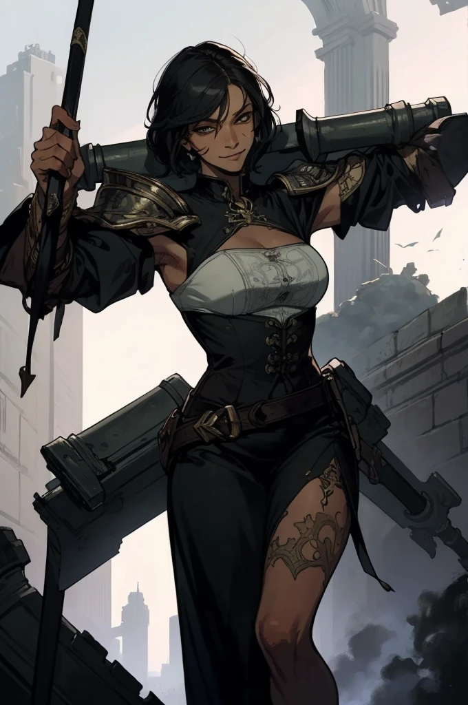 (absurdities, High Resolutions, ultra detailed, HDR), Masterpiece, The best quality, final fantasy xvi, clive rosfield, 1man only, handsome, short hair, black hair, vibrant blue eyes, fine eyes and detailed face, armor, ((Intricate weapon)), Sitting on the throne, legs open, affected smile, annoying.
