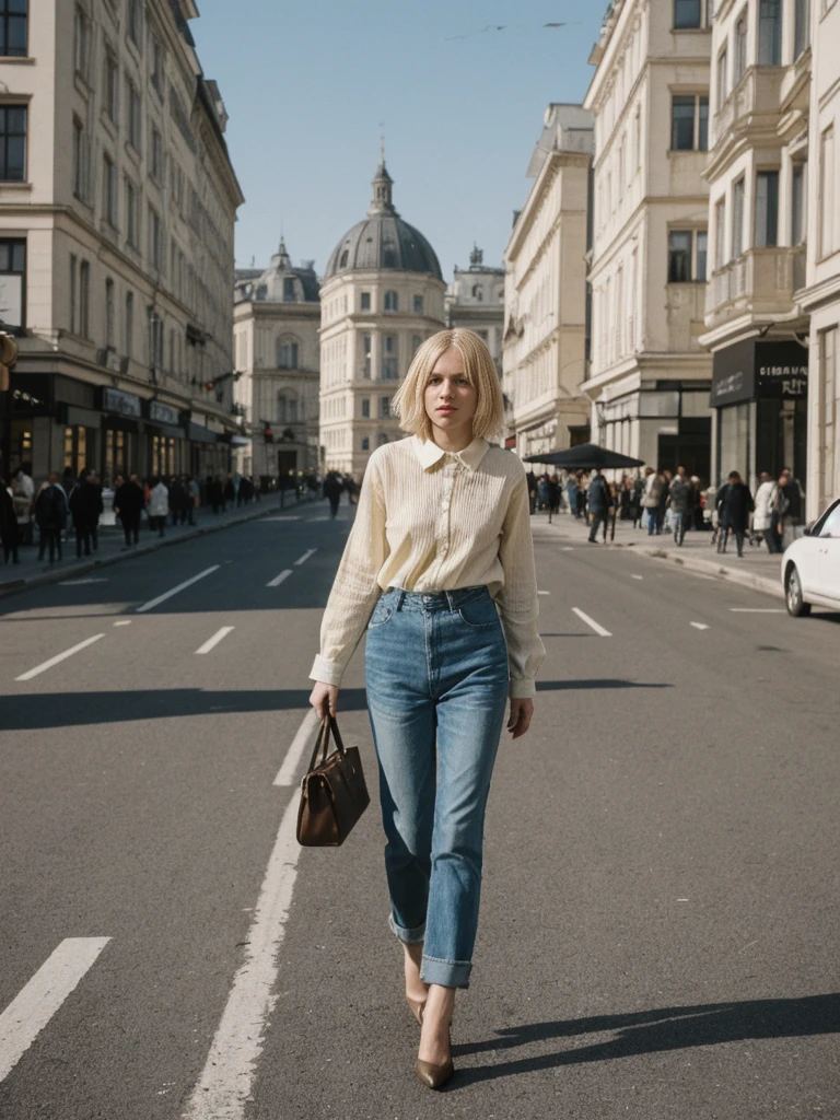 her name is Amelie, high quality, 1girl, ((25-year-old fit Caucasian woman)), ((25 years old)), ((BODY TYPE: HOURGLASS)), ((Grunge Bob blonde hair)), pose: standing, wearing SOPHISTICATED courant Generation-Z modern wear bright colored, BACKGROUND: "Walking through the elegant Andrássy Avenue, with its grand buildings, luxury shops, and cultural landmarks."