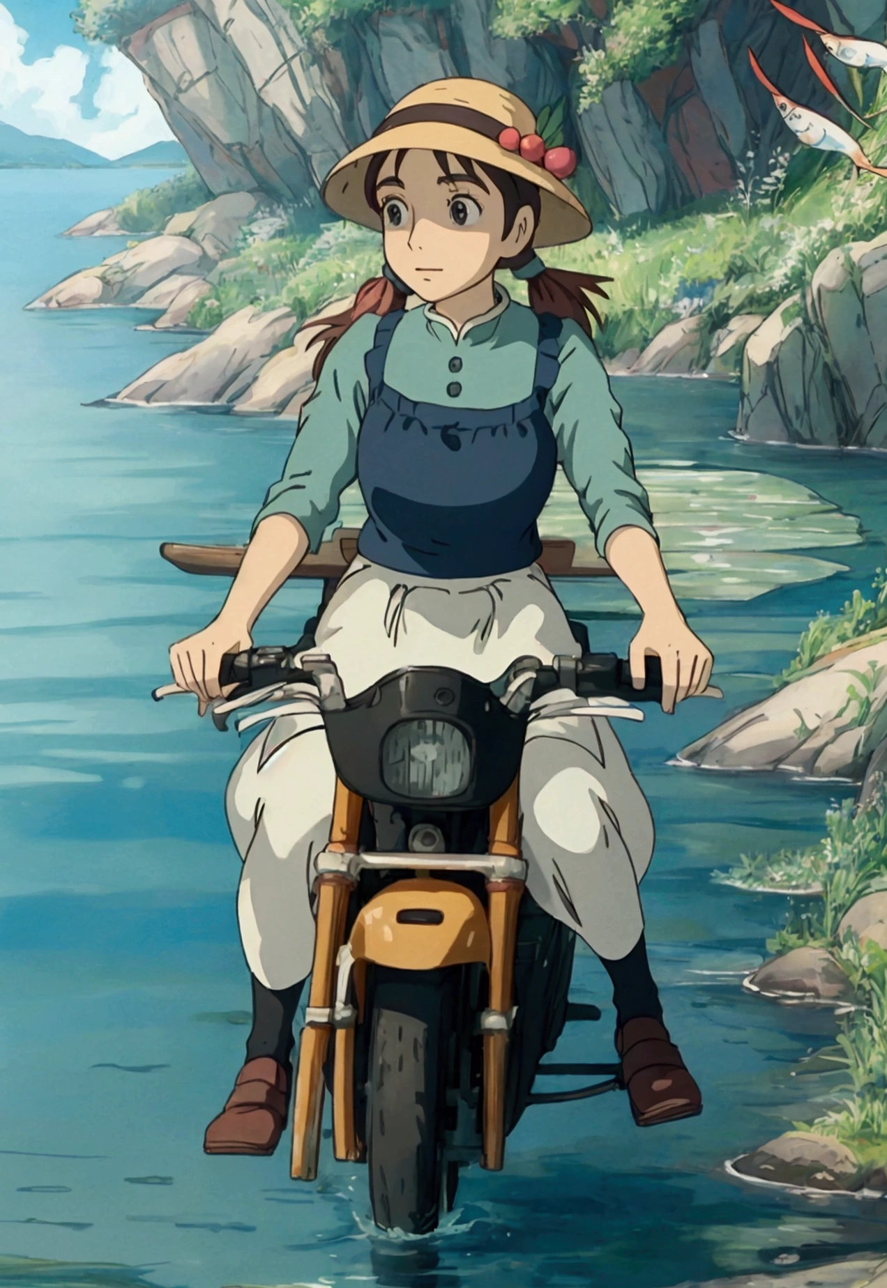 Ghibli　In the water　Girl riding on a fish surrounded by fish