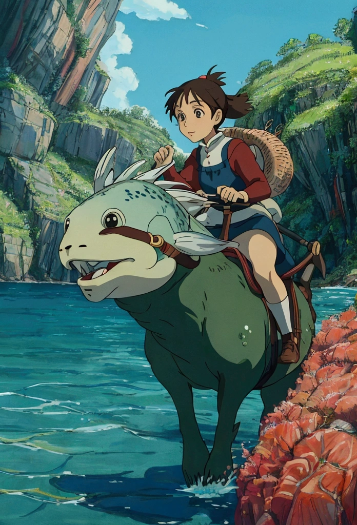 Ghibli　In the water　Girl riding on a fish surrounded by fish