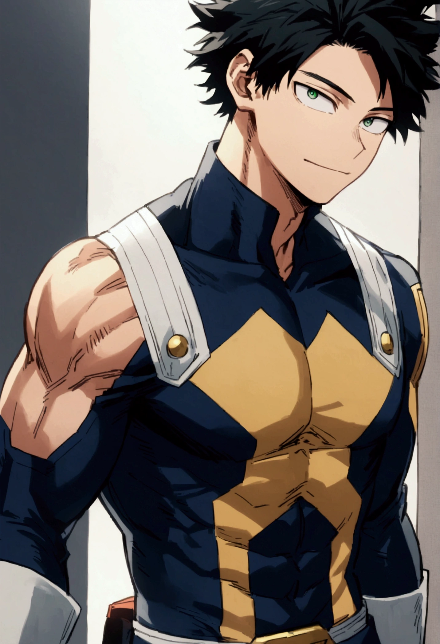  He is a , He has slightly disheveled very black hair..., somewhat light green eyes, , muscular body , sexy face, He is dressed in the anime male uniform "my hero academia", happy face 