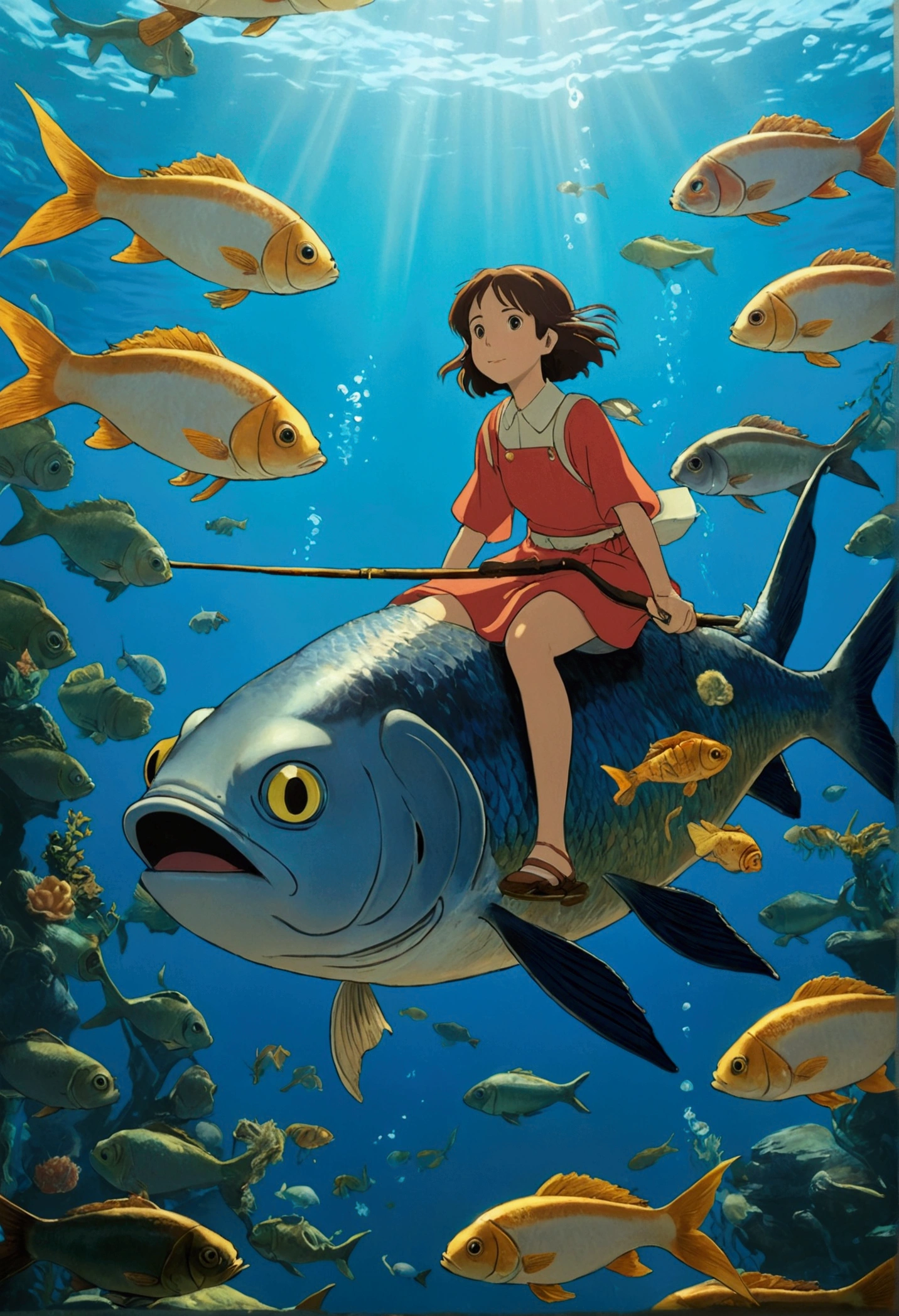 Ghibli In the water Girl riding on a fish surrounded by fish
