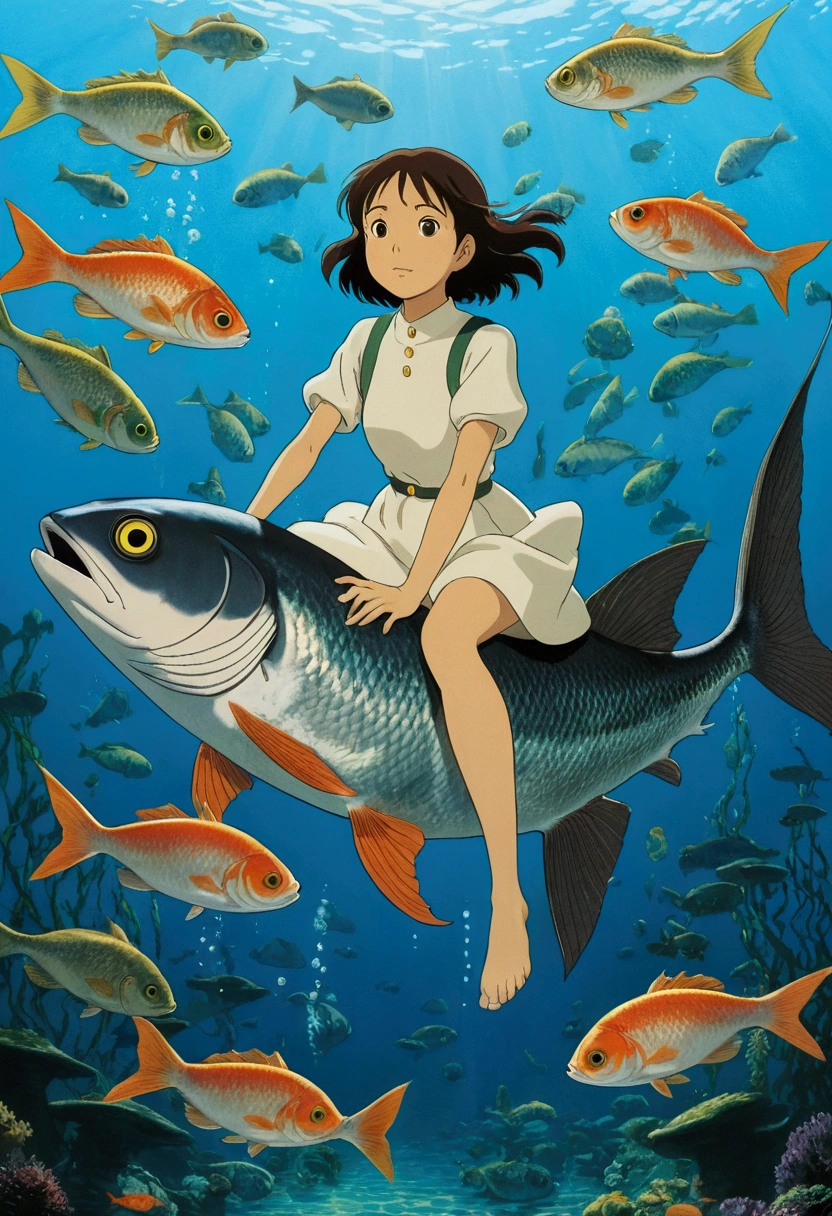 Ghibli In the water Girl riding on a fish surrounded by fish