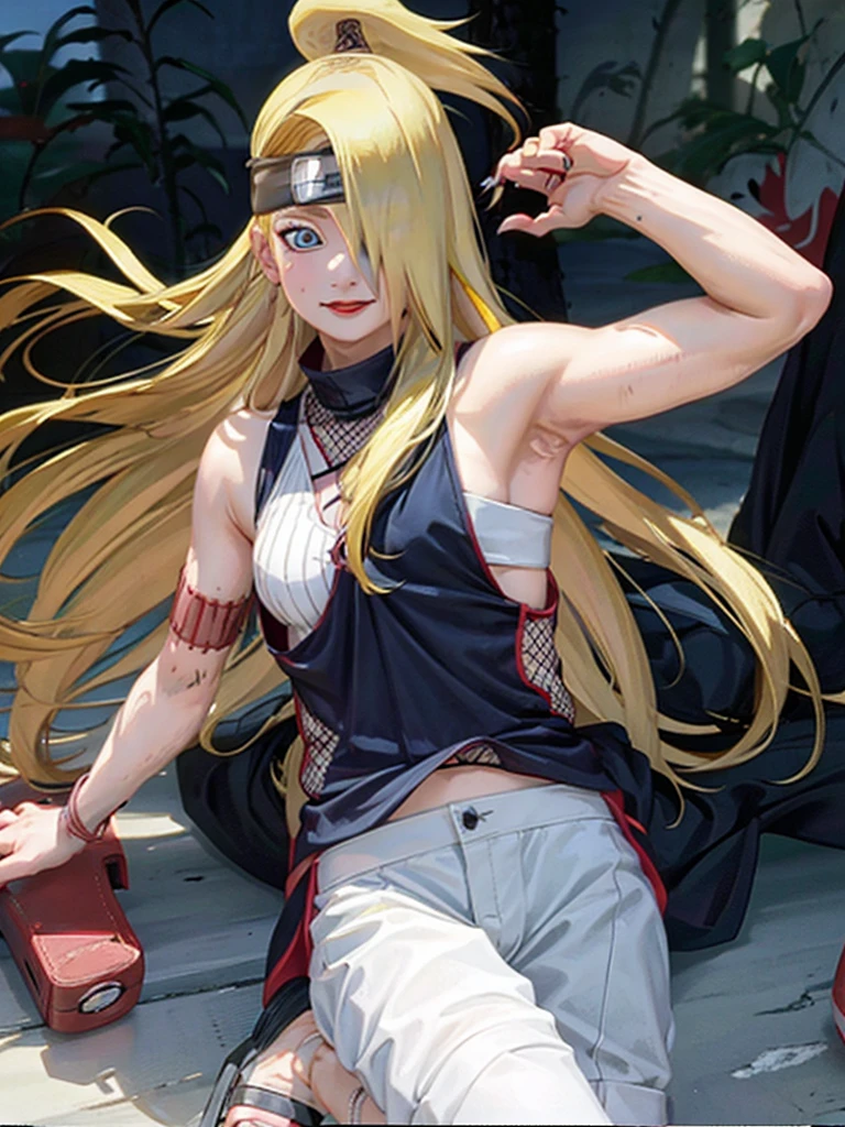 Deidara. women. 19 years. blonde. carmine red lips. Long hair. outlined blue eyes.  Long left side fringe. sexy, Beach clothes. 