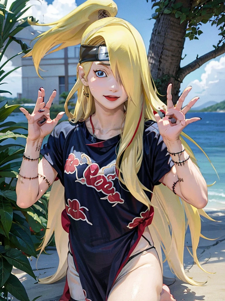 Deidara. women. 19 years. blonde. carmine red lips. Long hair. outlined blue eyes.  Long left side fringe. sexy, Beach clothes. 