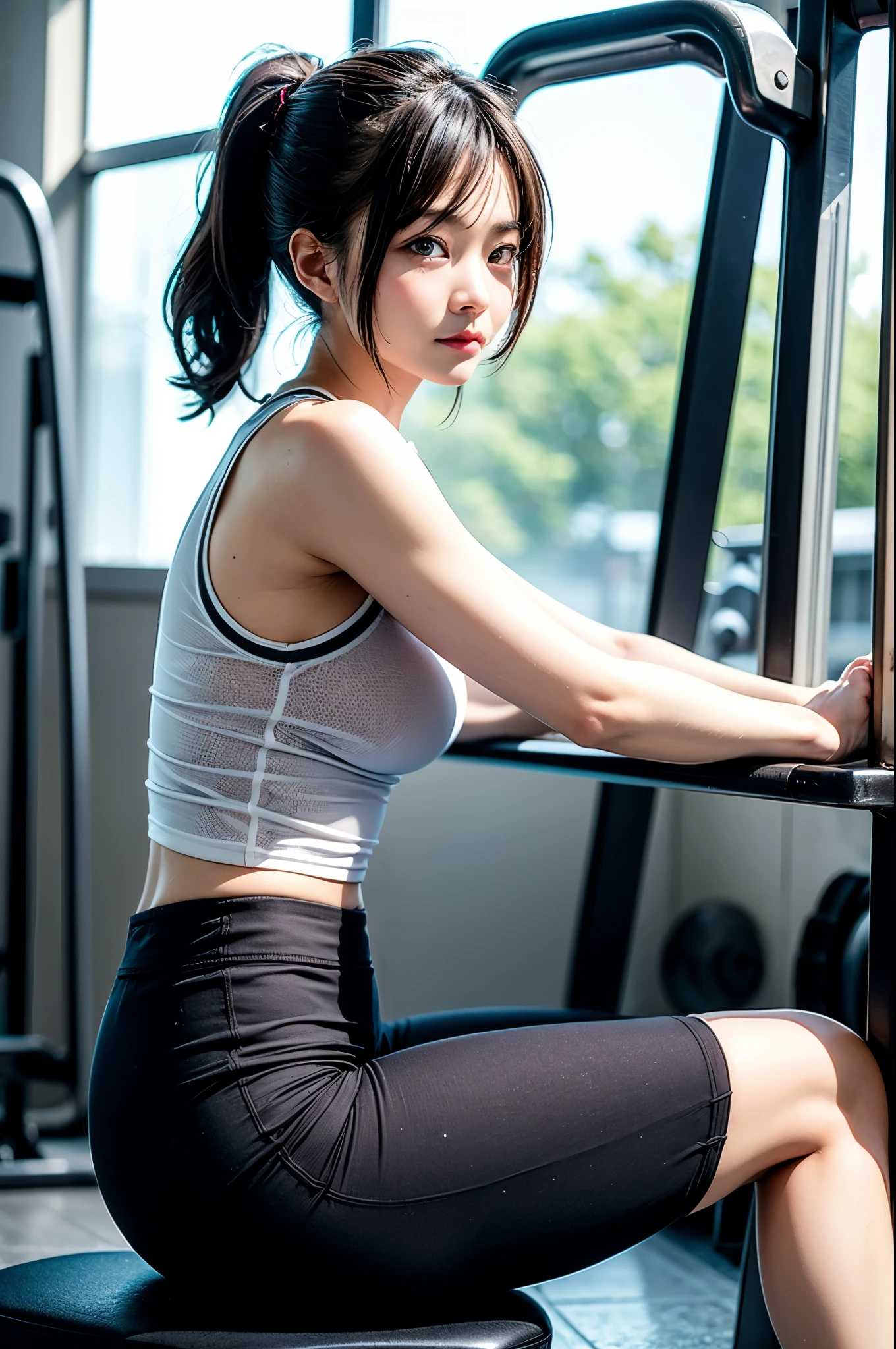 A lady, taiwan girl, Healthy complexion, dark brown hair, High ponytail, beautiful face, beautiful eyes, Healthy body, [[muscle]], Sports vest, sports trousers, in the gym, sports water bottle, serious, train hard, gymnastics, sit_rest, Eevee drawing, (Sweat水), [流Sweat中], [[Sweat_wet]], Depth of Field, Volumetric lights,