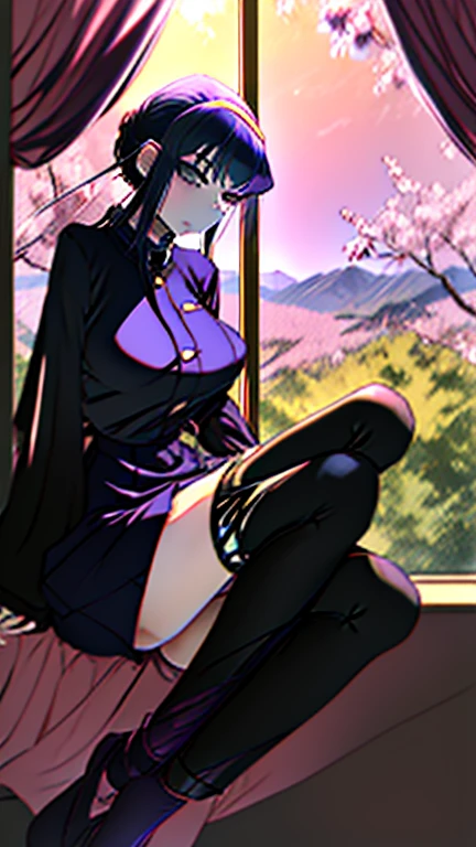 demon slayer anime style,  Kotouji Agamaki, 1 girl 22 years old, serious and calm with gold eyes and pronounced eyebrows, Long straight braided hair surrounding your hair, dark purple hair with the most striking violet tips and two side sideburns of hair and long bangs, She wears a long-sleeved hunter uniform with a dark magenta skirt and everything., a katana, a black japanese coat with gold floral).   Kimetsu no yaiba anime. Sitting on her legs, in a fic, next to a window from head to toe with landscape background of a cherry tree and a sunset,