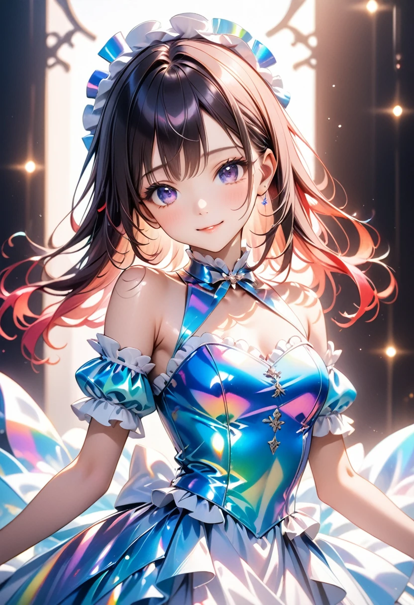 (high quality,masterpiece,4K,8k,16K),pretty girl,bust,Mid-chest,Lolita Dress,Smooth Skin,Silky Hair,Vibrant colors,Dreamy lighting,Shiny Gurdon,Subtle details,Strong gaze,Smile your face,Porcelain-like skin,Graceful pose,Friendly atmosphere,Pure innocence,Natural Beauty,Sublime aesthetics, ai-generated, (shiny and lustrous costumes), dutch angle, holographic fabric,
