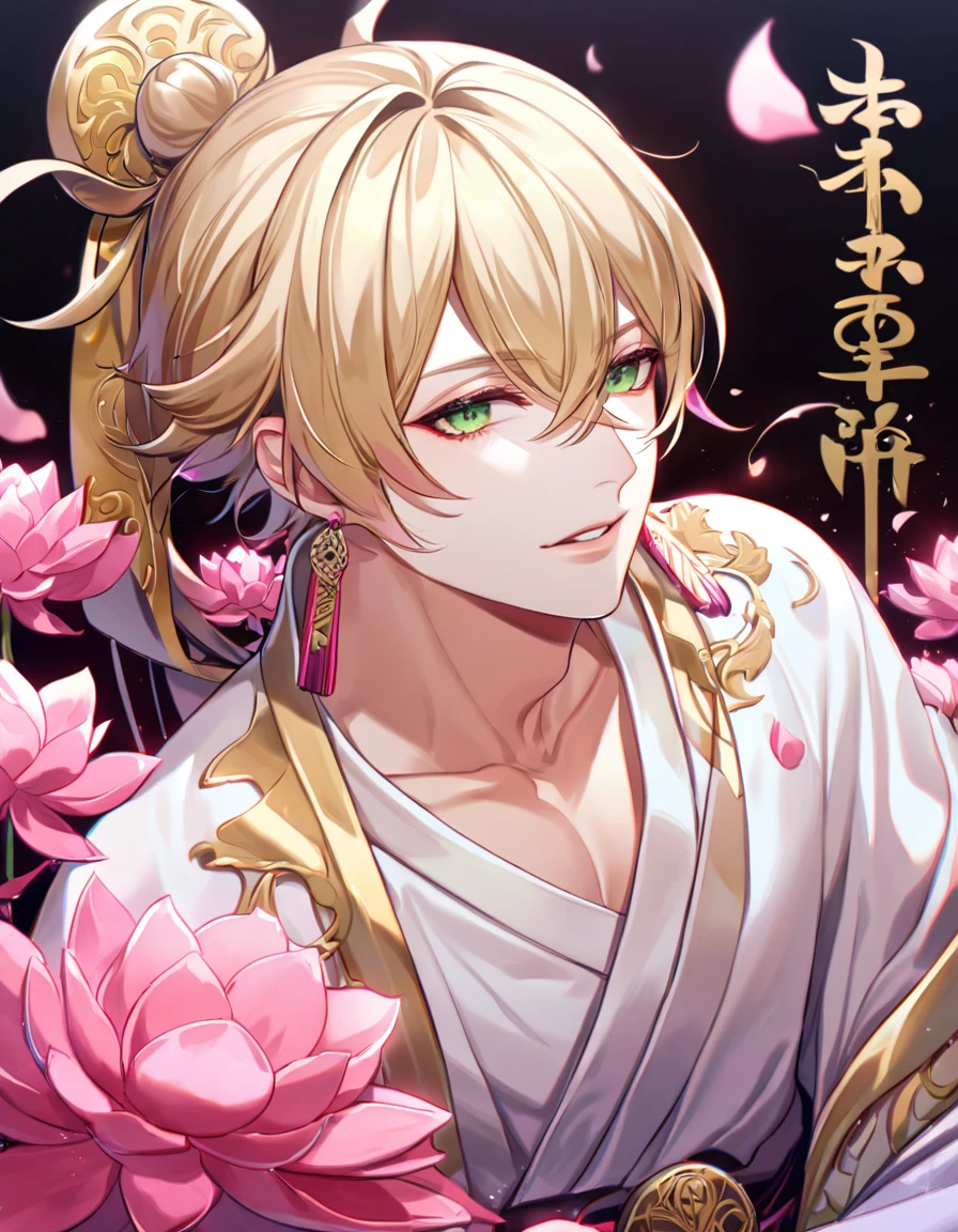 (absurdres, highres, ultra detailed, HDR), master piece, best quality, perfect face, delicate features, vibrant green eyes, solo, man, handsome, Taishakuten, ash-blond hair, hair between the eyes, white tunic, showing the chest, lotus earrings, onmyoji, pink moon, pink flames, pink petals, pink butterflies