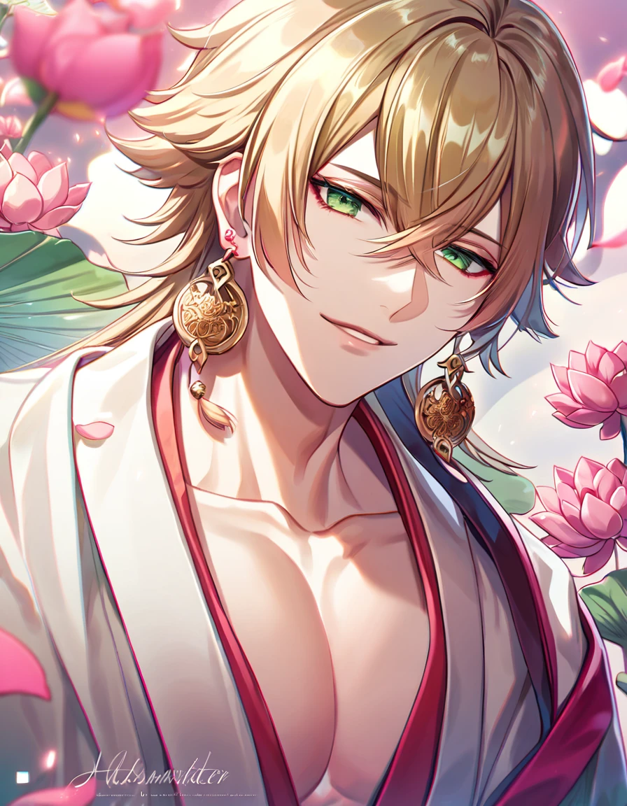 (absurdres, highres, ultra detailed, HDR), master piece, best quality, perfect face, delicate features, vibrant green eyes, solo, man, handsome, Taishakuten, ash-blond hair, hair between the eyes, white tunic, showing the chest, lotus earrings, onmyoji, pink moon, pink flames, pink petals, pink butterflies