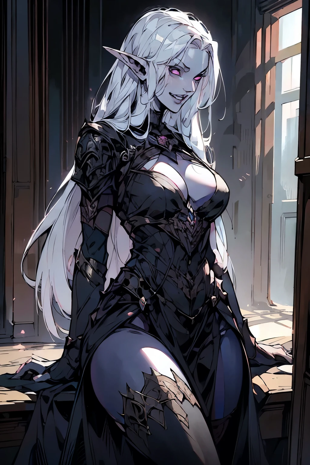 Pale skin, Patchy skin, prominent veins, dark veins, gray hair, black_circles under the eyes, pink eyes, black_sclera, woman, warrior, armor, Broad smile, Sharp teeth, closed clothing, Pointed ears, dark background ((Best quality))