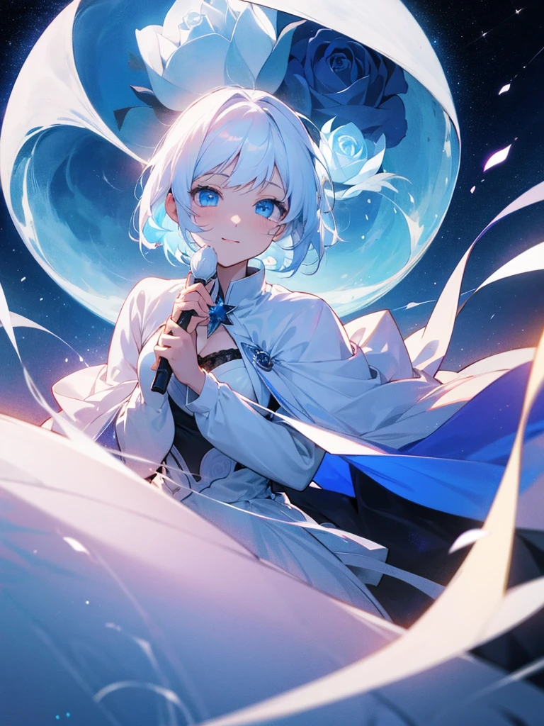 A great detective anime girl short white hair  beautiful blue eyes under the moonlight with a wide stunning starry sky, carrying a white rose with a smile on her face,princess aura,kawai art