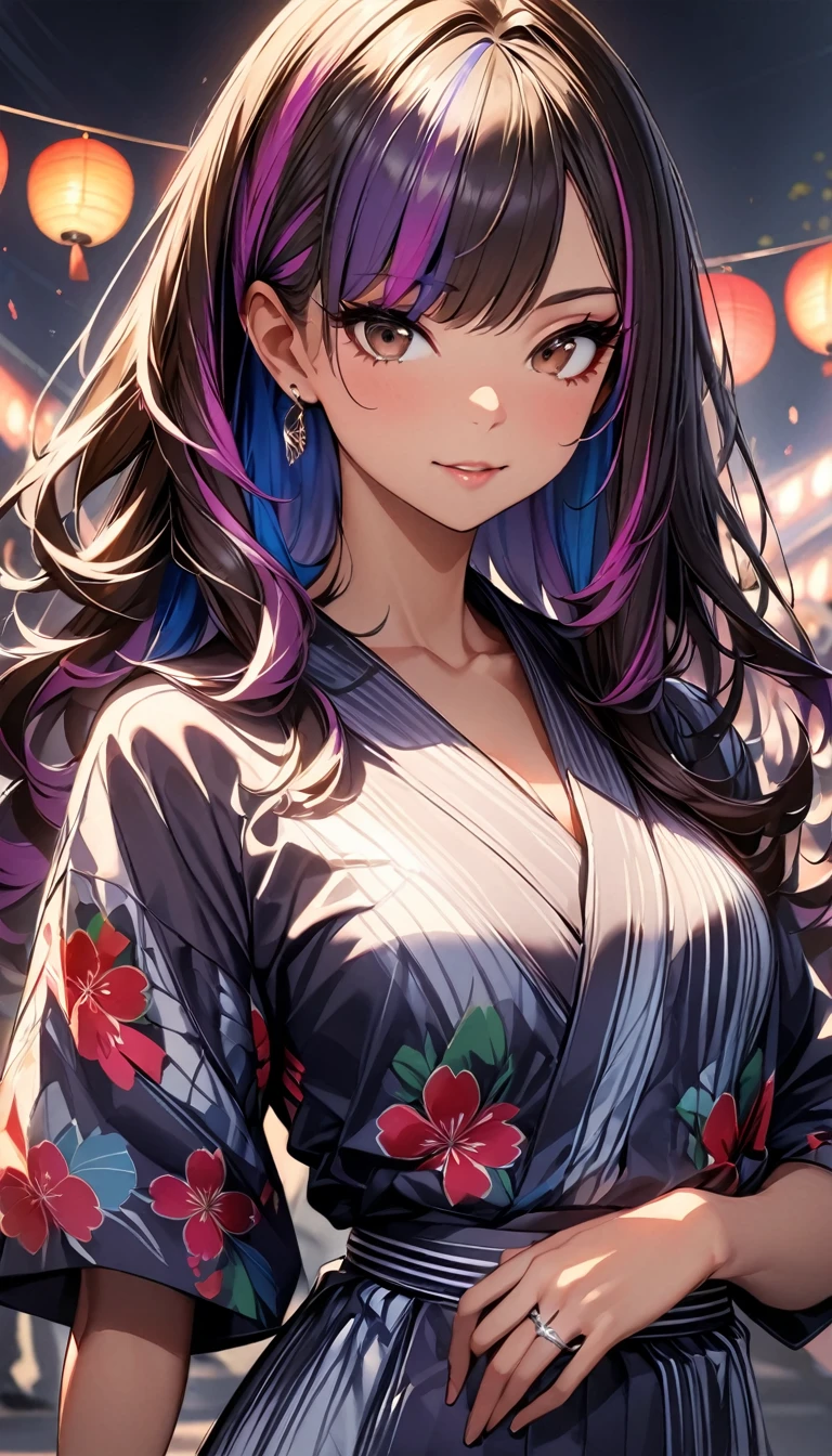(highest quality:1.2, Very detailed, up to date, Vibrant, Ultra-high resolution, High Contrast, masterpiece:1.2, highest quality, Best aesthetics), Portraiture、girl、((25-years-old:1)), Bright colors、Beautiful fine details、Beautiful lip detail、(japanese traditional yukata:1), colorful floral pattern yukata, long hair、black and purple ((streaked hair:1.6)), highlights hair: 1.5, brown eyes, ring earrings, ((slim body:1.2)), (small breast:0.7), (dark skin:0.5), elegant pose, summer festival, bon dancee, Cowboy shot,