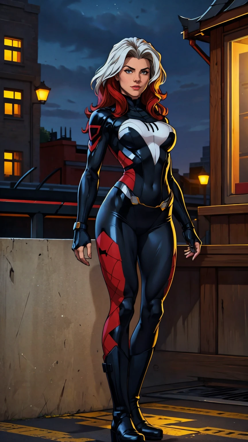 Spider mj, Red long hair, in a black outfit with a spider in the center of his chest in white, Organic-looking outfit, sticky forehead, symbiote, blue eyes,sexy pose hourglass body, big breasts, visual art, PS5 cinematic screenshot, Highly detailed, detailed cinematic rendering, ultra photorealistic raytricing, with cinematic lighting, full body shot  spider man pose