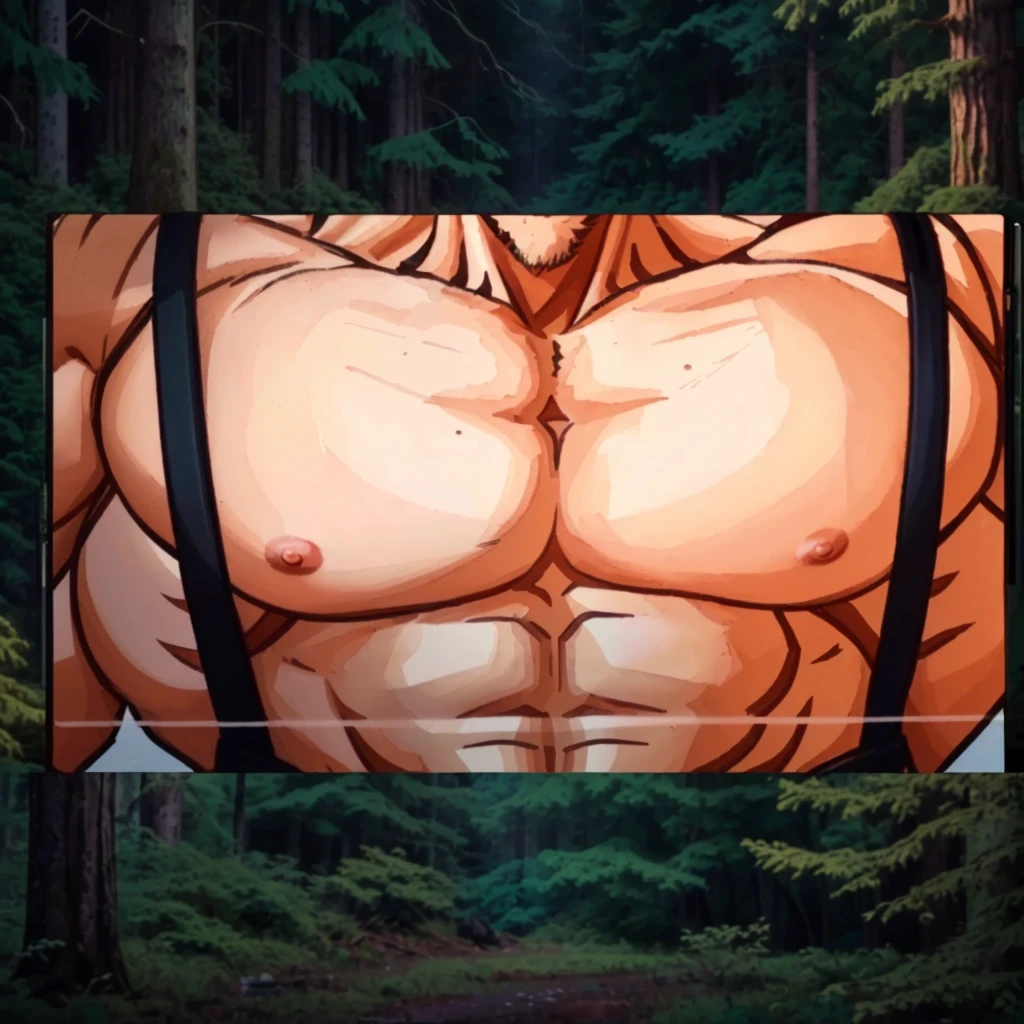 a cartoon of a naked man in the forest, anime lush john 8k forests, in front of a forest background, hairy chest, Forest in the background, muscular gigachad, forest backdrop, (SFW) Insurance for work, fluffy chest, shirtless :: High detail, suede paint, OPPAI, official hdr artwork, forest in the background, behind a forest