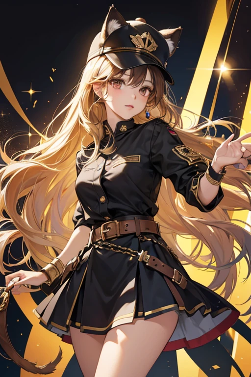 Sasha Scratch has brown skin, and long wavy knee-length hair that stops at her waist. She has big brown eyes and brown lips. Her accessories consist of a black cap with cat ears that has a golden plate strapped onto the middle that says "Meow" in big bold letters.
Her outfit consist of a golden crop, and a black skirt. The skirt has the same golden plate as her hat strapped onto the middle as well. Around the top and bottom are belt like shapes with buckles both facing the opposite directions from each other. SPARKLE; GLITTER