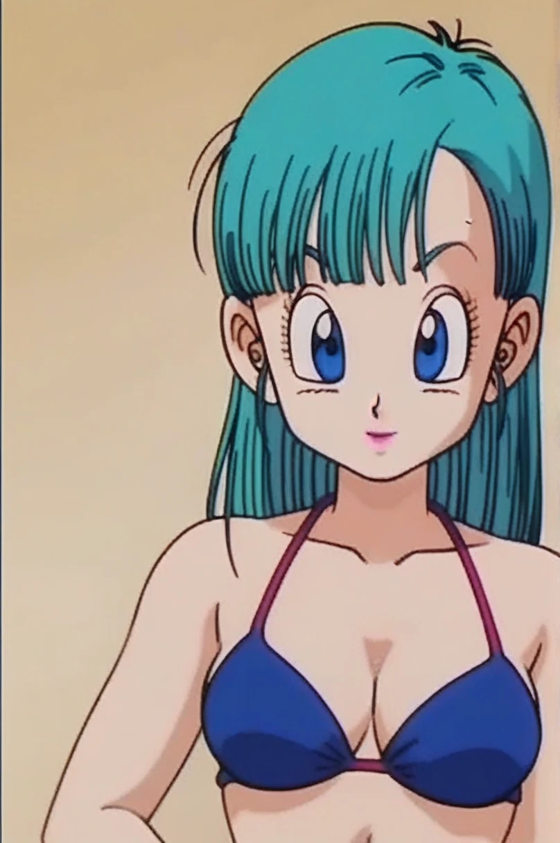 source_anime, score_9, score_8_up, score_7_up, anime screencap, 
bulma \(dragonball\), 1girl, solo, long hair, looking at viewer, bangs, blue eyes, bikini, standing, upper body, aqua hair, bare feet, collarbone, arms by side, fingernails, medium breasts, raised eyebrows, eyebrows, eyelashes,
 