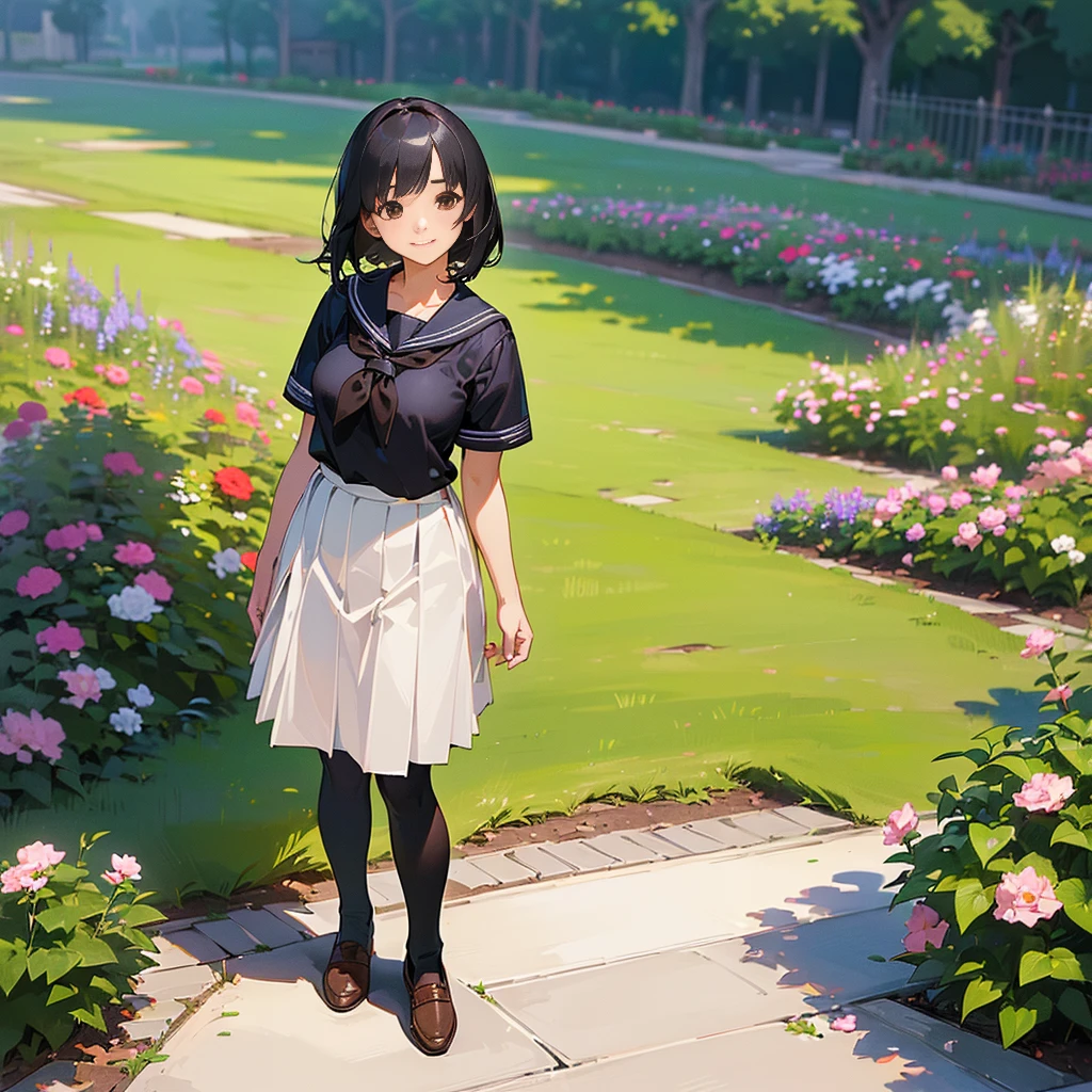 (Highest quality, High resolution, Super detailed, Realistic:1.37), Peaceful atmosphere, (Outdoor, garden), Teenage girl standing alone,(my breasts are big.),Beautifully detailed features, Cute Smile, ((Black bob hair)),Short-sleeved sailor uniform, Pleated skirt,Black tights,Brown leather shoes.