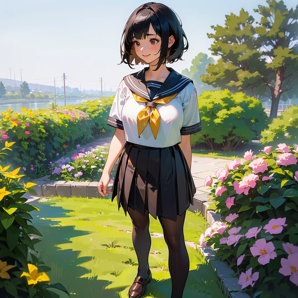 (Highest quality, High resolution, Super detailed, Realistic:1.37), Peaceful atmosphere, (Outdoor, garden), Teenage girl standing alone,(my breasts are big.),Beautifully detailed features, Cute Smile, ((Black bob hair)),Short-sleeved sailor uniform, Pleated skirt,Black tights,Brown leather shoes.