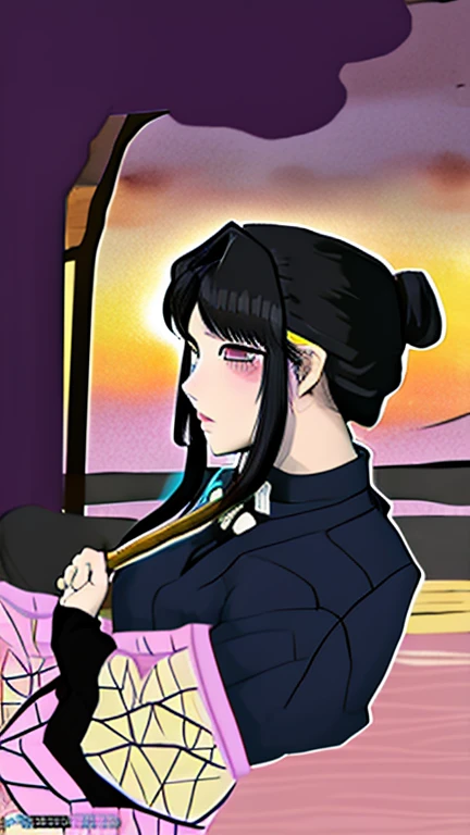 demon slayer anime style,  Kotouji Agamaki, 1 girl 22 years old, serious and calm with gold eyes and pronounced eyebrows, Long straight braided hair surrounding your hair, dark purple hair with the most striking violet tips and two side sideburns of hair and long bangs, She wears a long-sleeved hunter uniform with a dark magenta skirt and everything., a katana, a black japanese coat with gold floral).   Kimetsu no yaiba anime. Sitting on her legs, in a fic, next to a window from head to toe with landscape background of a cherry tree and a sunset,