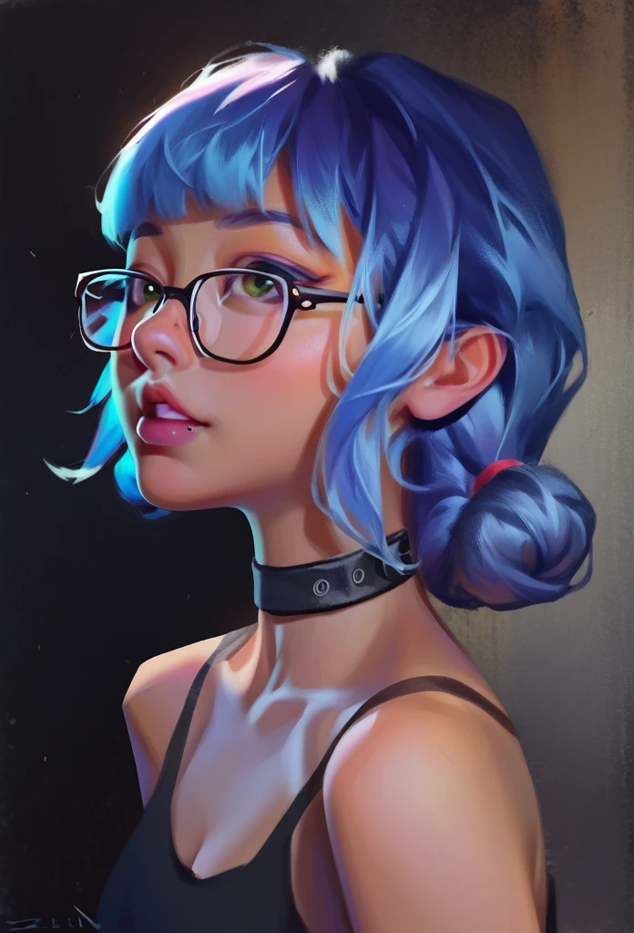 smudgy, traditional art, liu2, brush texture, score_9, score_8_up, score_7_up, score_6_up, score_5_up, score_4_up, BREAK 1girl, girl with blue hair and bangs with glasses with beautiful tanned skin looking at the camera girl, black skin, detailed background, detailed face shot (masterpiece, high quality:1),