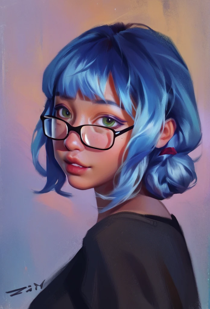 smudgy, traditional art, liu2, brush texture, score_9, score_8_up, score_7_up, score_6_up, score_5_up, score_4_up, BREAK 1girl, girl with blue hair and bangs with glasses with beautiful tanned skin looking at the camera girl, black skin, detailed background, detailed face shot (masterpiece, high quality:1),