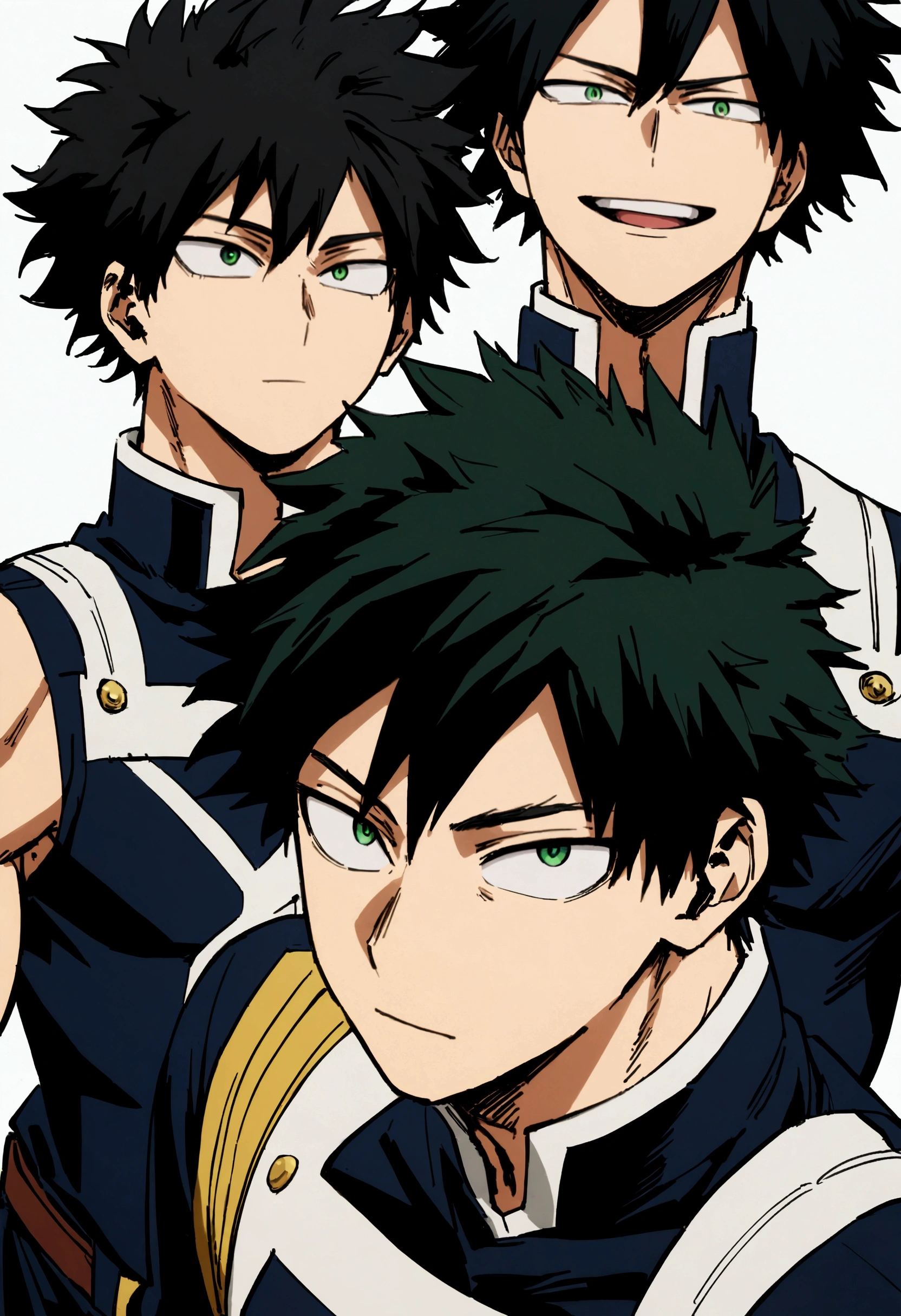  He is a , He has slightly disheveled very black hair..., somewhat light green eyes, , muscular body , sexy face, He is dressed in the anime male uniform "my hero academia", happy face 